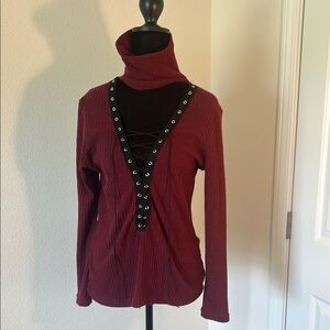 Burgundy Lace-Up Turtleneck Sweater